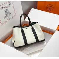 Best Price Hermes Garden Party Bag 30cm in Canvas and Grained Leather H2070 Wool White/Black/Breeze Blue 2025 (Half Hand