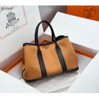 Buy Stylish Hermes Garden Party Bag 30cm in Canvas and Grained Leather H2070 Sesame Brown/Black 2025 (Half Handmade)