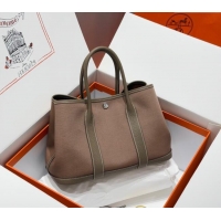 Buy Cheap Hermes Garden Party Bag 30cm in Canvas and Grained Leather H2070 Elephant Grey/Brown 2025 (Half Handmade)