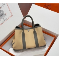 New Design Hermes Garden Party Bag 30cm in Canvas and Grained Leather H2070 Cream Beige/Cloud Grey 2025 (Half Handmade)