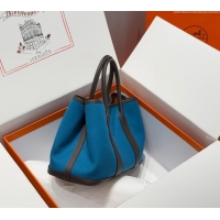 Classic Grade Hermes Garden Party Bag 30cm in Canvas and Grained Leather H2070 Prussia Blue/Ebony 2025 (Half Handmade)