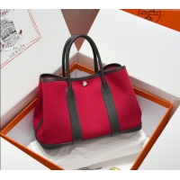 Spot Modern Hermes Garden Party Bag 30cm in Canvas and Grained Leather Hermes H2070 Red/Ebony 2025 (Half Handmade)