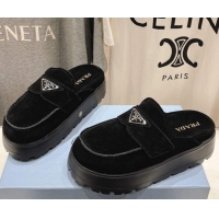 Stylish Prada Suede Platform Mules Black 2025 1XZ778
