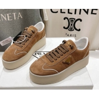 Popular Style Prada Downtown Bold Suede Sneakers Tan Brown 2025 1E928N
