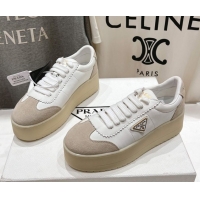 Luxury Cheap Prada Downtown Bold Nappa Leather and Suede Sneakers White 2025 1E928N