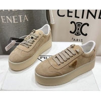 Top Design Prada Downtown Bold Suede Sneakers Beige 2025 1E928N