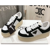 Big Discount Prada Downtown Bold Nappa Leather and Suede Sneakers White/Black 2025 1E792M