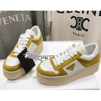 Luxury Discount Prada Downtown Bold Nappa Leather and Suede Sneakers White/Yellow 2025 1E792M