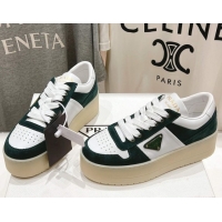 Top Grade Prada Downtown Bold Nappa Leather and Suede Sneakers White/Green 2025 1E792M