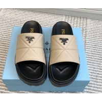 Good Quality Prada Leather Platform Slides Sandal 4.5cm Light Beige 2025 PR042403