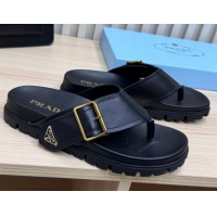 Stylish Prada Leather Flat Thong Slide Sandal Black 2025 PR042404