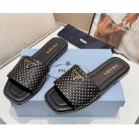 Charming Prada Nappa leather flat slides sandal with studs Black 2025 1XX760