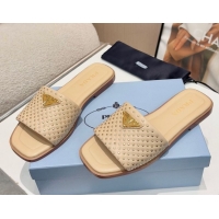 Discount Prada Nappa leather flat slides sandal with studs Beige 2025 1XX760
