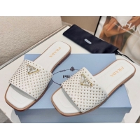 Shop Duplicate Prada Nappa leather flat slides sandal with studs White 2025 1XX760