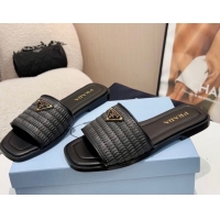 Cheap Prada Leather flat slides sandal with crochet details Black 2025 1XX758