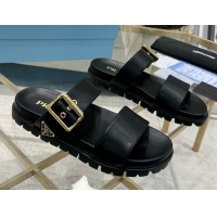 1:1 aaaaa Prada Leather flat slides sandal with buckle Black 2025 1XX715