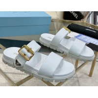 Trendy Design Prada Leather flat slides sandal with buckle White 2025 1XX715