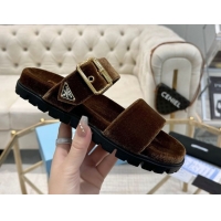 Low Price Prada Velvet flat slides sandal with buckle Brown 2025 1XX715