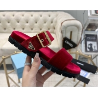 Best Grade Prada Velvet flat slides sandal with buckle Red 2025 1XX715