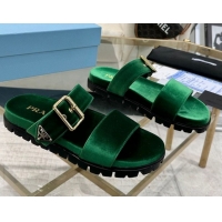 Hot Style Prada Velvet flat slides sandal with buckle Green 2025 1XX715