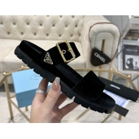 Sumptuous Prada Velvet flat slides sandal with buckle Black 2025 1XX715