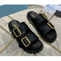 Stylish Prada Leather flat slides sandal with buckle Black 2025 1XX692