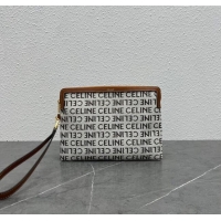 Luxury Classic Celine Small Pouch with Strap Cuir Triomphe in Textile and Calfskin 100502 White/Brown 2024 Top