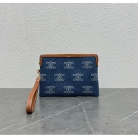 Original Cheap Celine Small Pouch with Strap Cuir Triomphe in Textile and Calfskin 100502 Blue/Brown 2024 Top