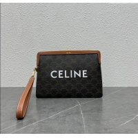 Luxury Cheap Celine Small Pouch with Strap in Triomphe Canvas and Calfskin 100502 Tan 2024 Top