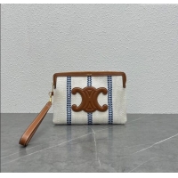 Top Quality Celine Small Pouch with Strap in Triomphe Canvas and Calfskin 100502 Blue/White/Brown 2024 Top