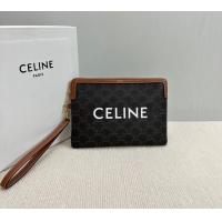 Top Quality Celine Small Pouch with Strap in Triomphe Canvas with CELINE Print 10J502 Tan Brown 2024