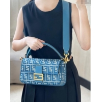 New Design Fendi Baguette Medium Bag in Blue denim-effect FF jacquard 8579M 2025