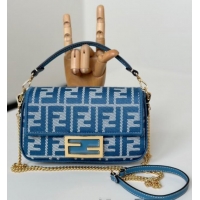 Original Cheap Fendi Baguette Mini Bag in Blue denim-effect FF jacquard 8579S 2025