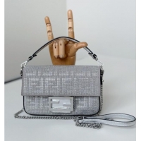 New Design Fendi Baguette Mini Bag in leather and Suede with strass FF motif 8632S Silver 2025