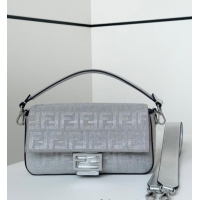 Top Grade Fendi Baguette Medium Bag in leather and Suede with strass FF motif 8632L Silver 2025
