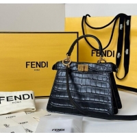 Best Quality Fendi Peekaboo ISeeU Petite Bag in Crocodile Embossed Leather 66805 Black 2025