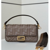 Luxury Cheap Fendi Baguette Medium Bag in Canvas with FF embroidery 0159M Brown/Grey 2025