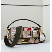 Classic Cheap Fendi Baguette Medium Bag in Canvas with FF embroidery 0159M Beige/Multicolor 2025