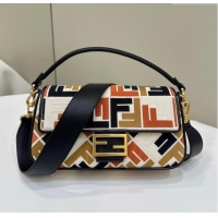 Luxury Discount Fendi Baguette Medium Bag in Canvas with FF embroidery 0159M Black/Multicolor 2025