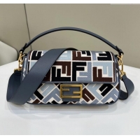 New Fashion Fendi Baguette Medium Bag in Canvas with FF embroidery 0159M Blue/Multicolor 2025