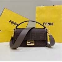 Top Design Fendi Baguette Medium Bag in Canvas with FF embroidery 0159M Chocolate Brown 2025