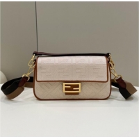 Top Grade Fendi Baguette Medium Bag in Canvas with FF embroidery 0159M Light Beige 2025