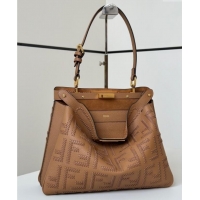 Top Grade Fendi Peekaboo Soft Medium Bag in Cappuccino-colored leather bag with FF interlacing 8678 Brown 2025