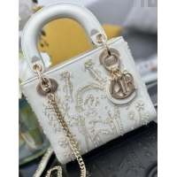 New Cheap Dior Mini Lady Dior Bag in Latte White Lambskin with Millefiori Unicorn Embroidery M0505 2025