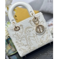 Top Quality Dior Small Lady Dior Bag in Latte White Lambskin with Millefiori Unicorn Embroidery M0538 2025