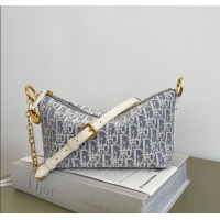 Spot Bulk Dior Diorstar Hobo Bag with Chain in Dior Oblique Chambray with Raffia Effect and Smooth Calfskin 1143 Blue 20