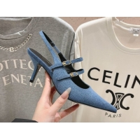 Classic Hot Celine Judy Double Strap Mary Janes Slingback Pumps 6.5cm in Blue Denim 0428107