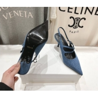 Classic Hot Celine Judy Double Strap Mary Janes Slingback Pumps 6.5cm in Blue Denim 0428107