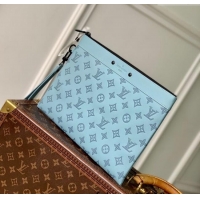 Good Taste Louis Vuitton Mens Pochette To-Go Pouch in Sand Grey Monogram Shadow Leather M14914 Sky Blue 2025