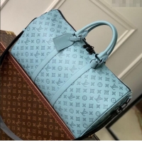 Shop Discount Louis Vuitton Keepall Bandouliere 50 Travel Bag in Sky Blue Monogram Shadow Leather M14842 2025